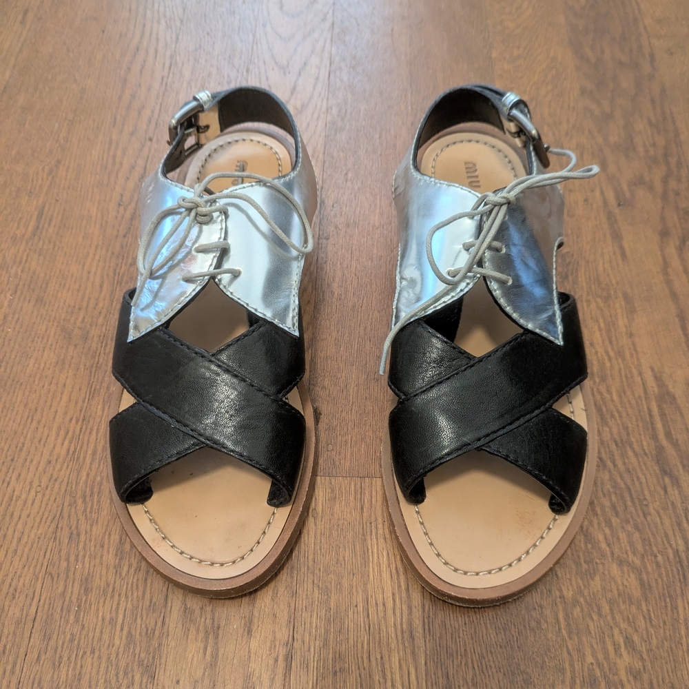 Miu Miu Silver & Black Leather Sandals, Size 37